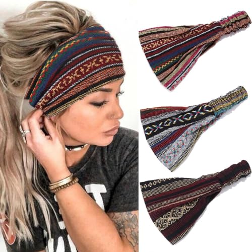 Zoestar Boho breite Stirnbänder, gestreift, Turban-Kopfwickel, Vintage, elastische Kopftücher, stilvolle Haarbänder für Frauen und Mädchen (3 Stück) (B) von Zoestar