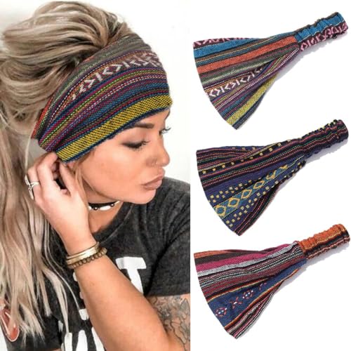 Zoestar Boho breite Stirnbänder, gestreift, Turban-Kopfwickel, Vintage, elastische Kopftücher, stilvolle Haarbänder für Frauen und Mädchen (3 Stück) (C) von Zoestar