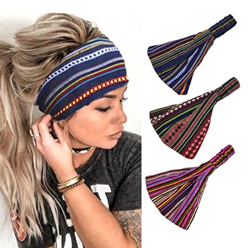 Zoestar Boho-Stirnbänder, breit, Yoga, gestreift, Vintage-Turban, Bandeau-Kopftuch, dehnbar, stilvolle Haarbänder für Damen und Mädchen (3 Stück) (B) von Zoestar