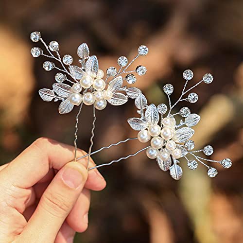 Zoestar Braut Hochzeit Haarnadeln Kristall Kopfschmuck Perle Haarspangen Braut Blatt Haarschmuck für Frauen und Mädchen (2 Stück) (Silber) von Zoestar