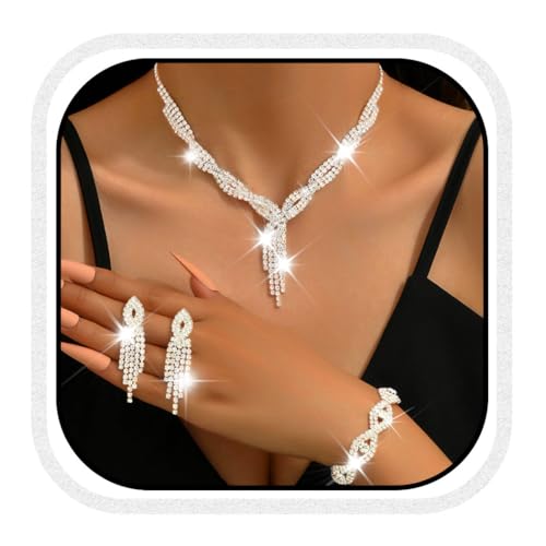 Zoestar Brautschmuck-Set für Hochzeit, Strass, Halskette, Ohrringe, Baracelet, funkelnd, Kristall, formelles Kostümschmuck-Set für Damen, Einheitsgröße, /, Kein edelstein Zoestar Brautschmuck-Set für Hochzeit, Strass, Halskette, Ohrringe, Baracelet, funkelnd, Kristall, formelles Kostümschmuck-Set für Damen, Einheitsgröße, /, Kein edelstein von Zoestar