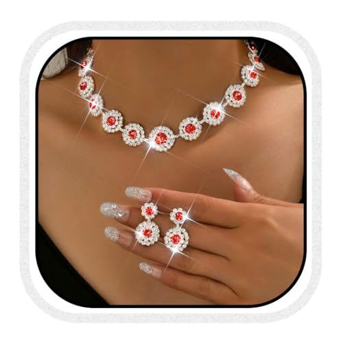 Zoestar Brautschmuck-Set mit glitzernden Strasssteinen, Halskette und Ohrringen, formeller Modeschmuck für Damen (Rot) von Zoestar