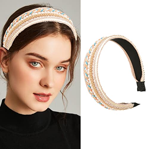 Zoestar Breites Stirnband Zopf Kopfschmuck Vintage Perle Haarreifen Stilvolle Elastische Haarbänder für Frauen und Mädchen (A) von Zoestar