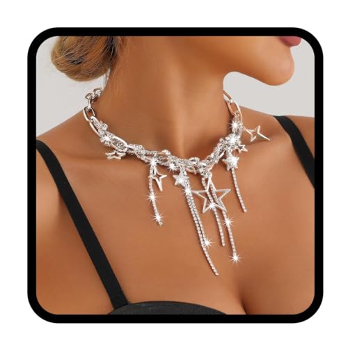 Zoestar Choker-Halsketten, silberfarbene Strass-Halskette, Schmuck, funkelnde Kristallstern-Quasten-Halskette für Damen von Zoestar