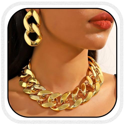 Zoestar Chunky Choker Halskette Gold Punk Dicke Halsketten Kubanische Gliederkette Halskette Ohrringe Set für Frauen, Einheitsgröße, /, Kein edelstein von Zoestar