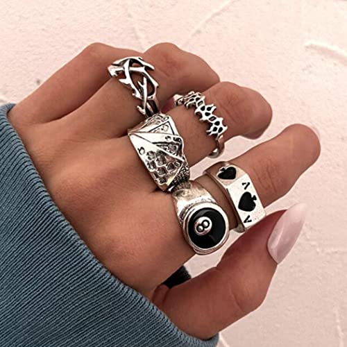 Zoestar Fingerringe mit Spielkarten-Motiv, Silber, Retro, Spaten, Solitärring, Statement-Gelenk, Knöchelringe, modische offene Ringe, Schmuck für Frauen und Mädchen (5 Stück) von Zoestar