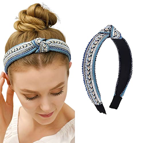 Zoestar Gestreifte Stirnbänder Kristall Knotte Haarreifen Perlenkette Kopfschmuck Vintage Stilvolle Pailletten Haarschmuck für Frauen und Mädchen (Stil 1) von Zoestar