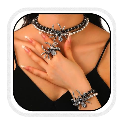 Zoestar Gothic-Choker-Halsketten-Set mit Strasssteinen, Spinnen, Armband, Ringe, Perlen, Halloween-Halskette, Schmuck-Set für Damen von Zoestar