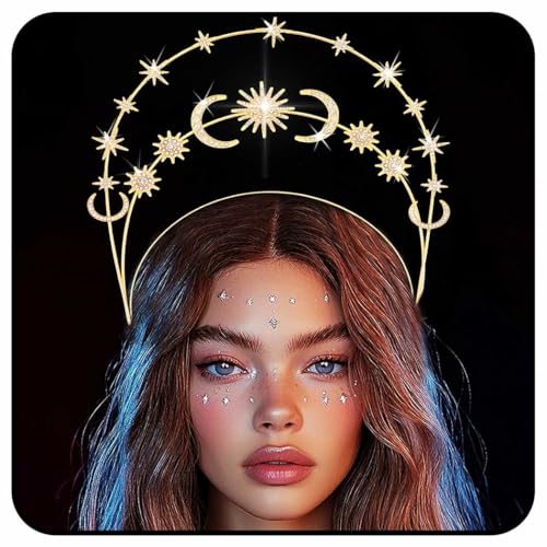 Zoestar Halo Crown Stirnband Stern Kristall Haarband Glitzernde Strass Kopfschmuck Göttin Hochzeit Haar Tiara Party Kostüm Haarschmuck für Damen, 1 Stück (Gold 3) von Zoestar