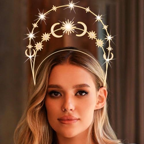 Zoestar Halo Crown Stirnband Stern Kristall Haarband Glitzernde Strass Kopfschmuck Göttin Hochzeit Haar Tiara Party Kostüm Haarschmuck für Frauen und Mädchen, 1 Stück (Gold 3) von Zoestar