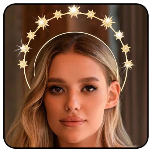 Zoestar Halo Kronen Stirnband Gold Sterne Kopfschmuck Strass Stern Haarreif Göttin Hochzeit Haar Tiara Halloween Kostüm Kopfbedeckung Festival-Haar-Accessoires für Damen (Gold 1) von Zoestar