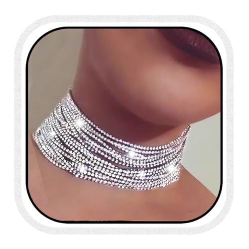 Zoestar Halskette mit Strass, mehrlagig, silberfarben, glitzernde Kristall-Halskette, Schmuck für Damen von Zoestar