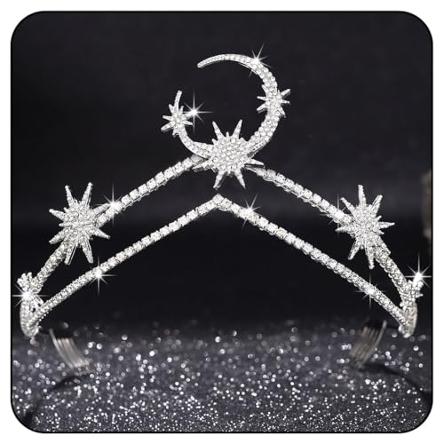 Zoestar Hochzeit Tiara Kronen Silber Strass Krone Stirnband mit Kamm Prinzessin Stern Mond Braut Kopfbedeckung für Frauen Abschlussball partys von Zoestar