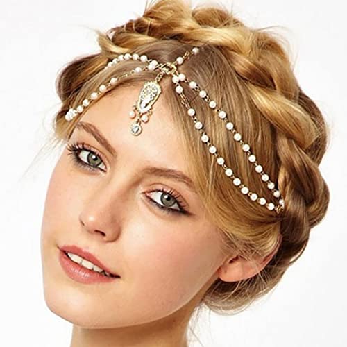 Zoestar Hochzeits-Perlenkette, goldfarbener Haarschmuck mit Kristallen, Braut-Kopfschmuck, Boho-Stirnband für Frauen und Mädchen von Zoestar