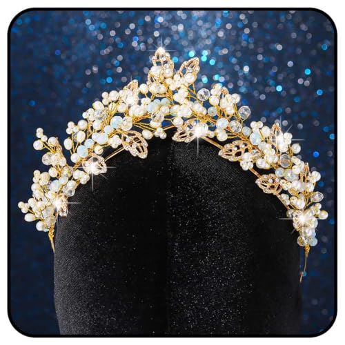 Zoestar Hochzeitskronen und Diademe, Blattgoldkrone, Stirnband, Perlentiara, Kopfschmuck, Brautkopfschmuck mit Perlen für Frauen von Zoestar
