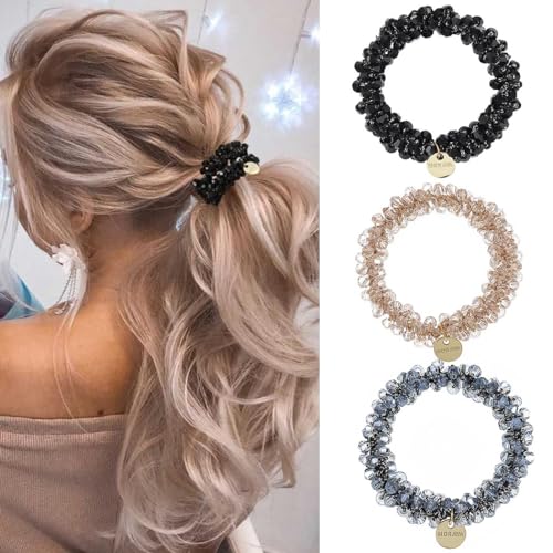 Zoestar Kristall-Haargummis, Perlen, elastische Haarbänder, Pferdeschwanz-Halter, modisches Haar-Accessoire für Frauen und Mädchen (3 Stück) (Set 1) von Zoestar