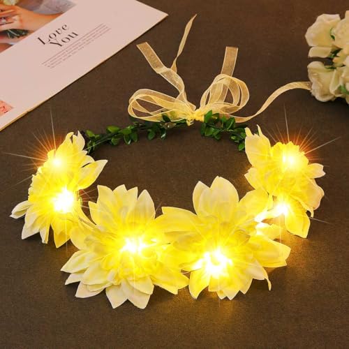 Zoestar Leuchtende Blumenkronen-Stirnbänder LED-Haarkranz-Stirnband Braut-Blumengirlande Kopfschmuck Festival-Party-Haar-Accessoires für Frauen (Beige, Standardgröße) von Zoestar