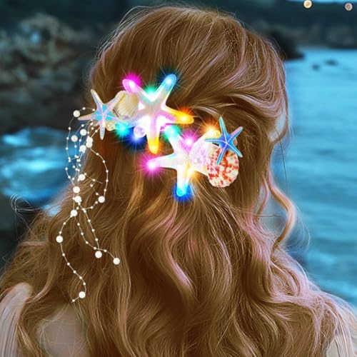 Zoestar Leuchtende Seestern-Haarspangen, LED-Muschel-Haarspange, Perlen-Quaste, Haar-Haarspangen, Meerjungfrau-Strand-Haarschmuck für Damen (2 Stück) (Stil 1, Einheitsgröße) von Zoestar
