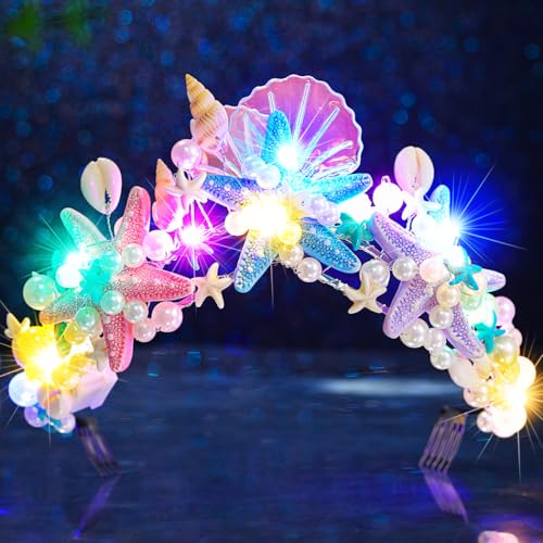 Zoestar Leuchtende Seestern-Tiaras und Kronen, LED-Muschelkrone, Stirnband, Perlen, Braut-Kopfbedeckung, Strand-Hochzeit, Haarschmuck für Damen von Zoestar