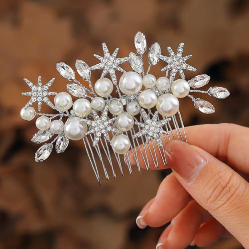 Zoestar Perlen Braut Hochzeit Haarkamm Silber Strass Braut Kopfschmuck Sterne Haarschmuck für Frauen und Mädchen von Zoestar