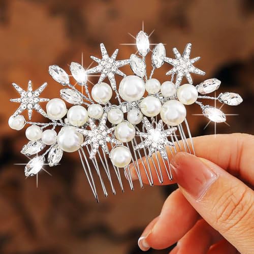 Zoestar Perlen Braut Hochzeit Haarkamm Silber Strass Braut Kopfschmuck Sterne Haarschmuck für Frauen und Mädchen von Zoestar
