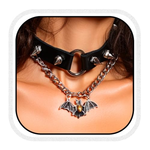 Zoestar Punk Leder Choker Halskette Schwarz Gothic Halsband Fledermaus Spiked Halloween Halskette Kette für Frauen von Zoestar