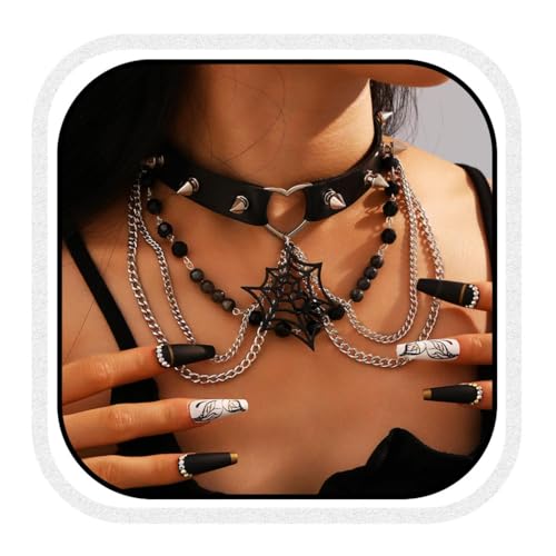 Zoestar Punk Leder Choker Halskette Schwarz Gothic Halsband Spinnennetz Spiked Halloween Halskette Kette für Frauen von Zoestar