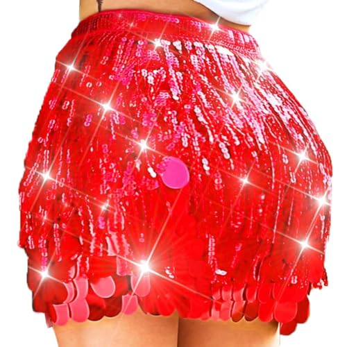 Zoestar Rosa Paillettenrock, glitzernder Bauchtanzrock, Meerjungfrauenkostüm für Damen (DE/NL/SE/PL, Alphanumerisch, Einheitsgröße, Regular, Regular, Rot) von Zoestar