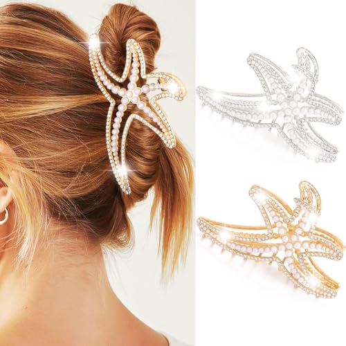 Zoestar Seestern Haarklammern Perle Haarspange Klaue Gold Metall Haarspangen Strass Haarschmuck für Frauen und Mädchen (2 Stück) von Zoestar