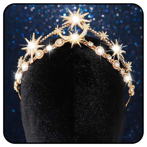 Zoestar Stern Mond Krone Stirnband Strass Braut Hochzeit Stirnbänder funkelnde Kristall Göttin Kopfschmuck Braut Haarschmuck für Frauen (Gold, Einheitsgröße) von Zoestar