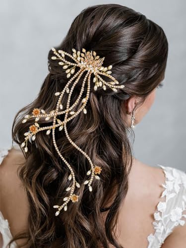 Zoestar Strass Braut Hochzeit Haarkamm Gold Blumen Kopfschmuck Braut Kristall Blatt Haarschmuck für Frauen und Mädchen von Zoestar