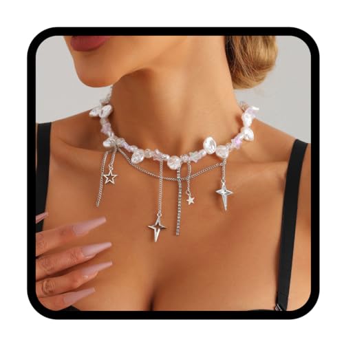 Zoestar mehrlagige Perlenhalskette, silberne Sternquastenhalskette, Perlenkette für Damen von Zoestar