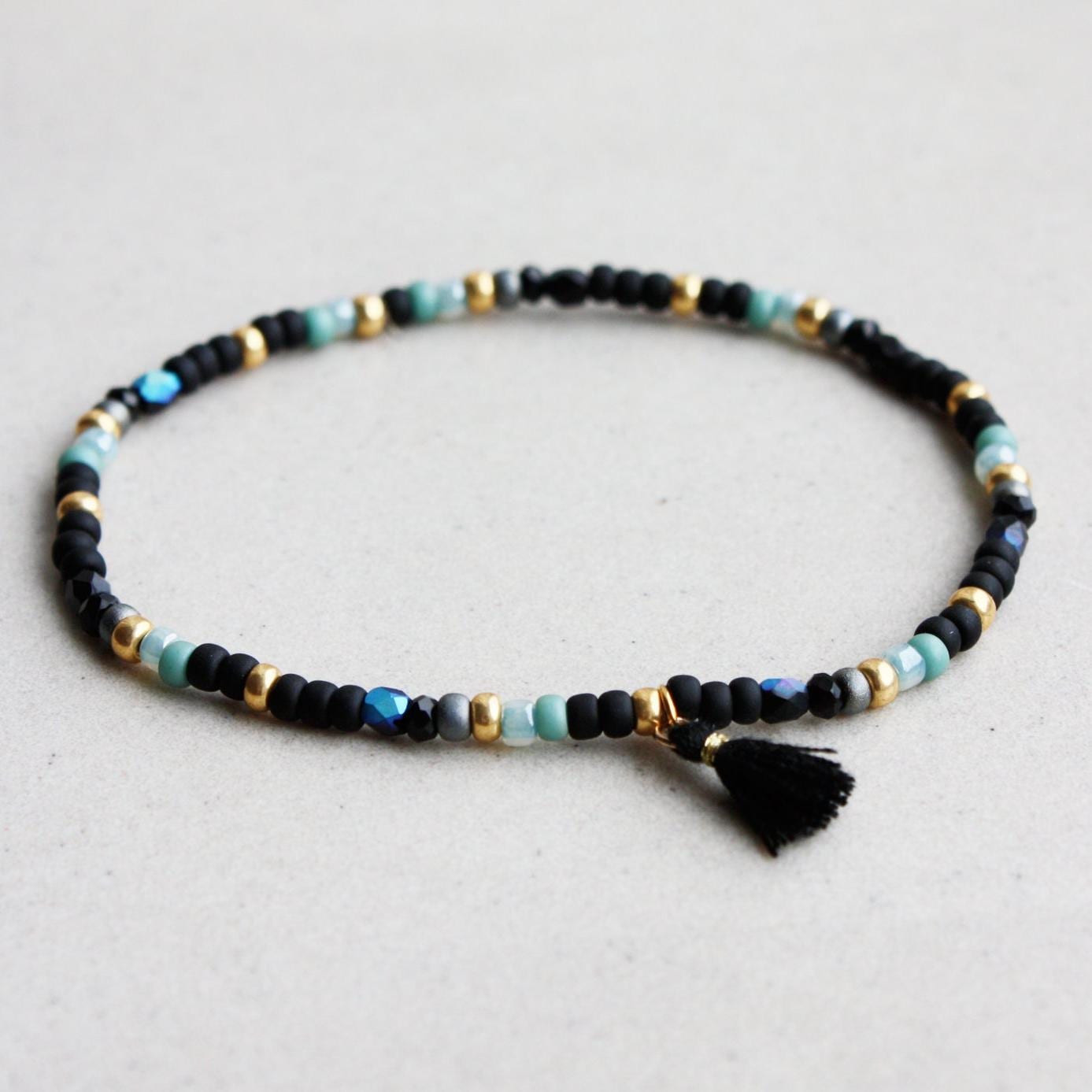 Feines Armband Mit Tassel - Schwarz, Seafoam & Gold Boho Schmuck Feines Armband Mit Tassel - Schwarz, Seafoam & Gold Boho Schmuck von ZoeundLola