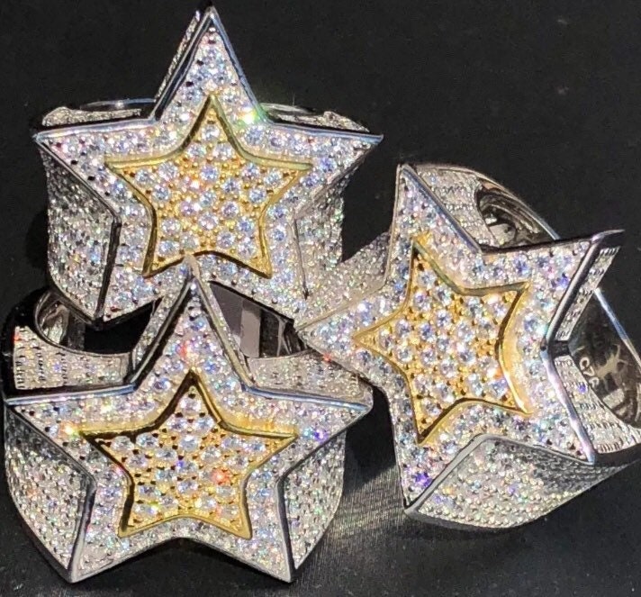 3D Stern Hip Hop Ring Massiv Sterling Silber, 14K Gold Inlay, Künstliche Diamanten von ZoeysJewelryBoxLLC