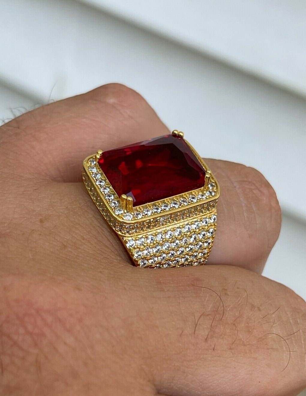 Herren Custom Made Gold Über Massiv 925 Sterling Silber Super Iced Out Red Ruby Hip Hop Siegel Pinky Ring, Größen 7-13 ....r337 von ZoeysJewelryBoxLLC