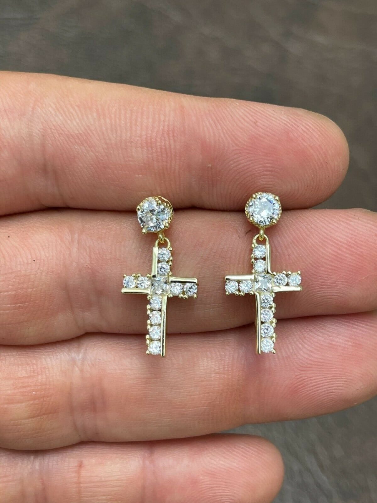 Herren Damen 14K Gold Über Massivem 925 Sterling Silber Iced Out Simulierter Diamant Baumeln Tropfen Kreuz Ohrringe von ZoeysJewelryBoxLLC