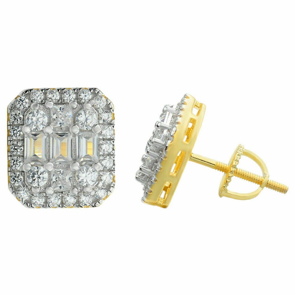 Herren Damen 14K Gold Vermeil Über 925 Sterling Silber Moissanite 10mm Baguette Bolzenohrstecker Passes Diamond Tester Er-M-36 von ZoeysJewelryBoxLLC