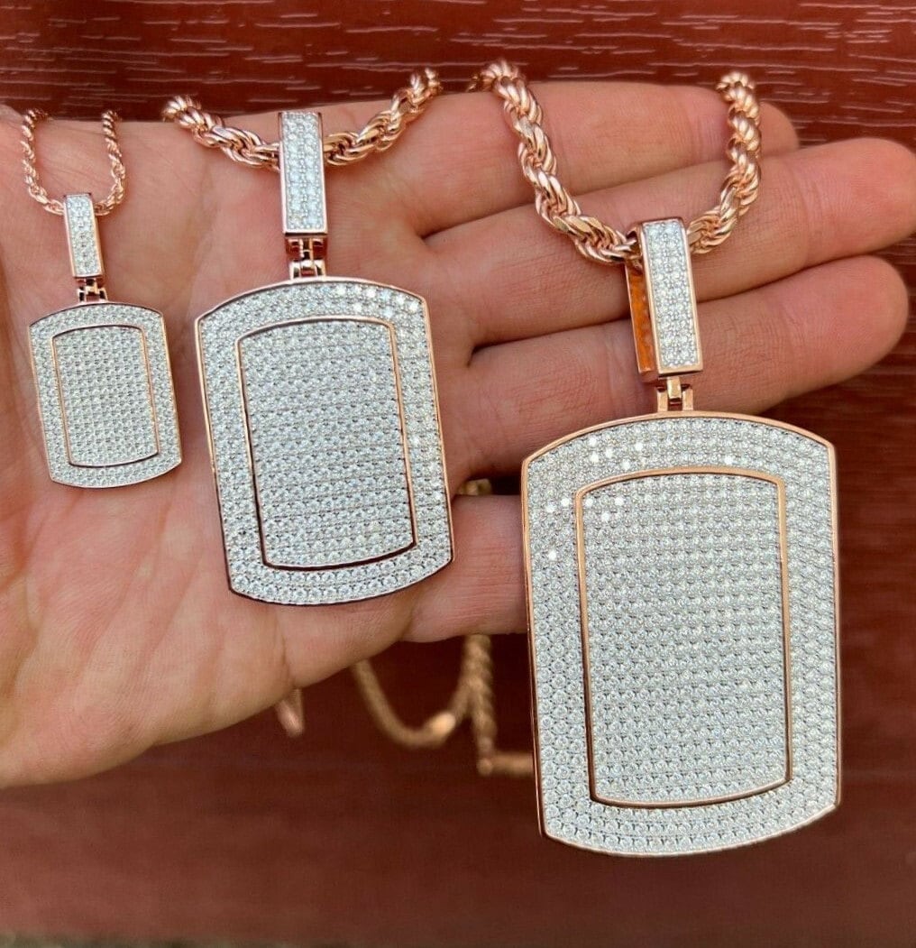 Herren Damen 14K Rose Gold Vermeil Über 925 Sterling Silber Dog Tag Iced Out Hip Hop Rapper Anhänger Erhältlich in 3 Größen ... P644/647/650 von ZoeysJewelryBoxLLC