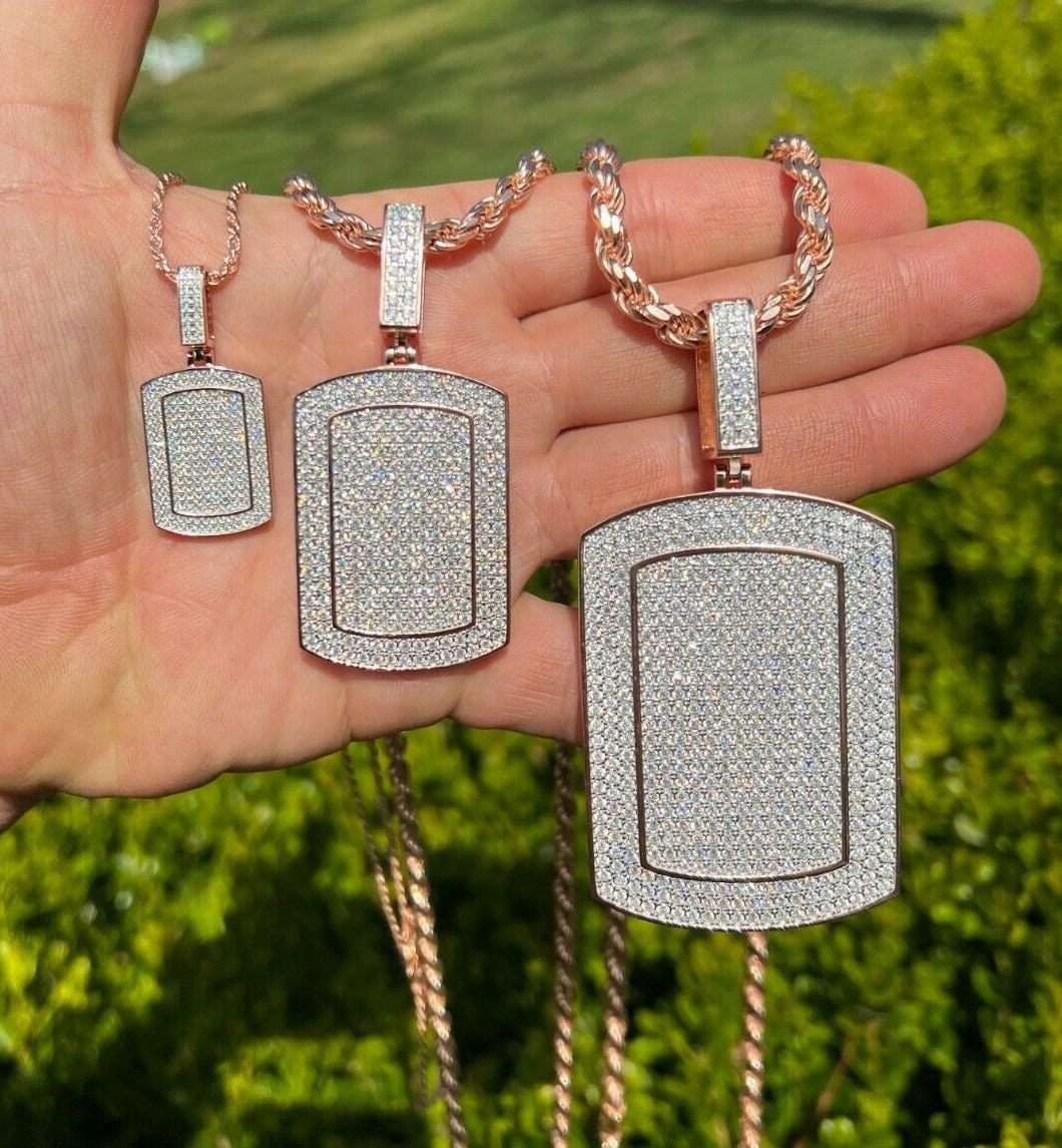 Herren Damen Moissanit Rose Gold Über Massivem 925 Sterling Silber Dog Tag Iced Out Anhänger, 3 Größen ...passes Diamond Tester ....pm-117 von ZoeysJewelryBoxLLC