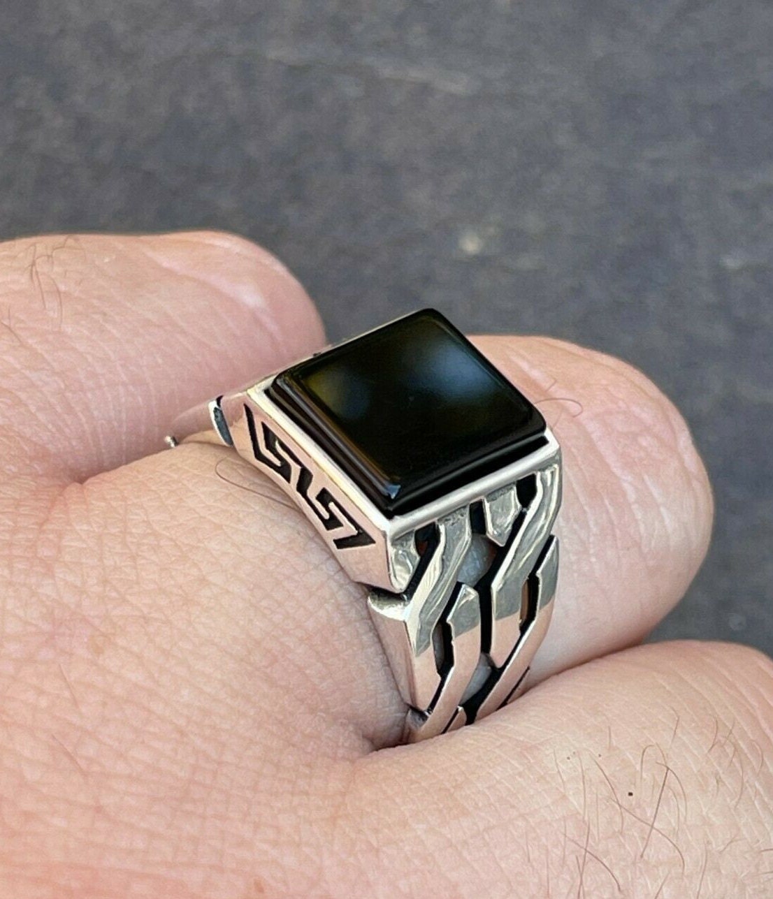 Herren Echt Massiv 925 Oxidiert Sterlingsilber Quadrat Onyx Pinky Ring Größe 7, 8, 9, 10, 11, 12, 13 von ZoeysJewelryBoxLLC