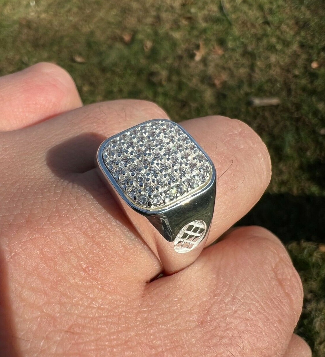 Herren Echt Massiv 925 Sterling Silber Iced Out Simulierter Diamant Quadrat Cluster Ring Größe 7-13 von ZoeysJewelryBoxLLC