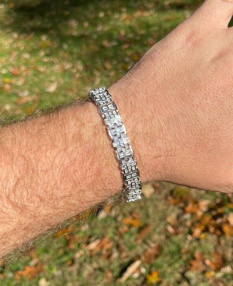 Herren Einzigartige Custom Made Iced Out 13mm Baguette Massiv 925 Sterling Silber Armband Erhältlich in 7 "Oder 8, 5" Längen von ZoeysJewelryBoxLLC