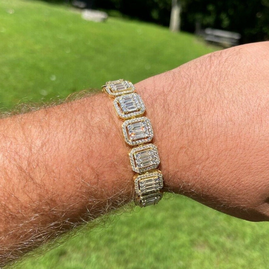 Herren Großes 15mm Gold Über Massivem 925 Sterlingsilber Super Iced Out Diamant Quadrat Baguette Tennis Armband in 7 "Oder 8" Länge Erhältlich von ZoeysJewelryBoxLLC