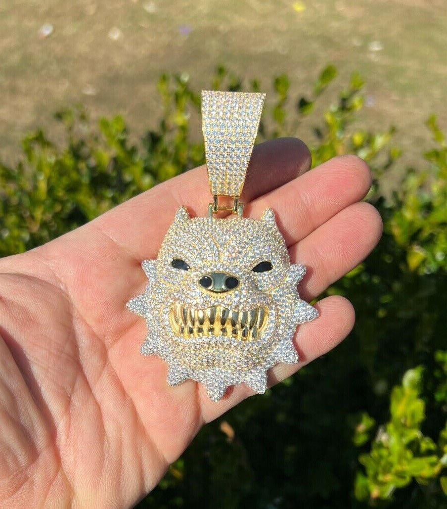 Riesige 3, 5 "Angry Pitbull Anhänger Iced Out W/Simulierte Diamanten 14 Karat Gold Über 925 Sterling Silber, Hip Hop, Rapper, 60 Gramm ... P848D von ZoeysJewelryBoxLLC