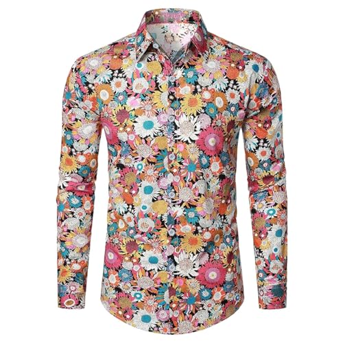 Zofedap Floral Hemd Herren Langarm Slim Fit Casual Stehkragen Hemden Lustige Blumenmuster Langarmhemd Bunt Langarmshirt von Zofedap