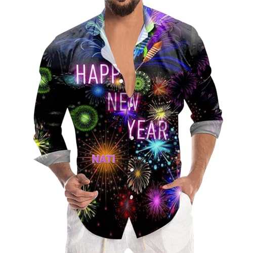 Zofedap Hemd Herren Langarm Slim Fit Bügelfrei Bunt Stehkragen 2024 Hemden Lustige mit 3D Bedruckte Feuerwerke Hawaiihemd Langarmshirt Neujahrsgeschenke von Zofedap