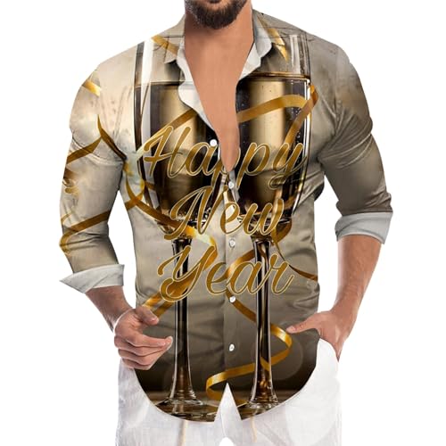 Zofedap Hemd Herren Langarm Slim Fit Casual 2024 Stehkragen Hemden Lustige mit 3D Bedruckte Feuerwerke Hawaiihemd Bunt Langarmshirt Neujahrsgeschenke von Zofedap