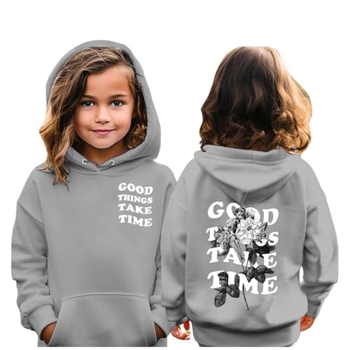 Zofedap Kapuzenpullover Kinder Mädchen Teenager Oversize Hoodie Backprint Sweatshirt Locker Sportshirt mit Taschen Pullover Langarm Backprint - Good Things TAKE TIME von Zofedap
