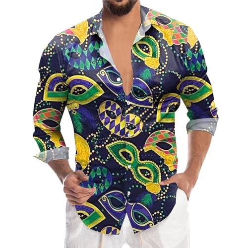 Zofedap Karneval Hemd Herren Langarm Slim Fit Bügelfrei Bunt Stehkragen Hemden Lustige mit 3D Bedruckte Carnival Langarmshirt Faschingskostüme Männer von Zofedap