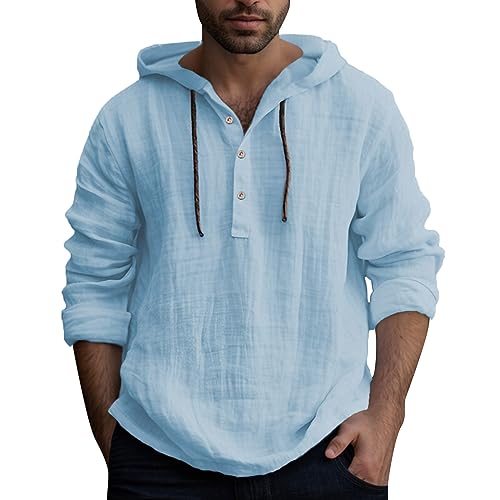 Zofedap Leinenhemd Herren Langarm mit Kapuze Sommer Hoodie Dünn Hawaii Hemd Männer Einfarbig Lässig Sommerhemd Freizeithemden Langarmshirt Linen Kapuzenhemd von Zofedap